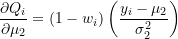 \[\frac{\partial Q_i}{\partial \mu_{2}} = (1-w_{i}) \left( \frac{y_i - \mu_2}{\sigma_{2}^2}\right)\]