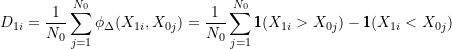 \begin{equation*} D_{1i} = \frac{1}{N_0} \sum_{j=1}^{N_0} \phi_{\Delta}(X_{1i}, X_{0j}) = \frac{1}{N_0} \sum_{j=1}^{N_0} \pmb{1}(X_{1i} > X_{0j}) - \pmb{1}(X_{1i} < X_{0j}) \end{equation*}