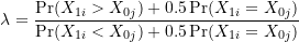 \begin{equation*} \lambda = \frac{\Pr(X_{1i} > X_{0j})+0.5\Pr(X_{1i}=X_{0j})}{\Pr(X_{1i} < X_{0j}) + 0.5 \Pr(X_{1i} = X_{0j})} \end{equation*}